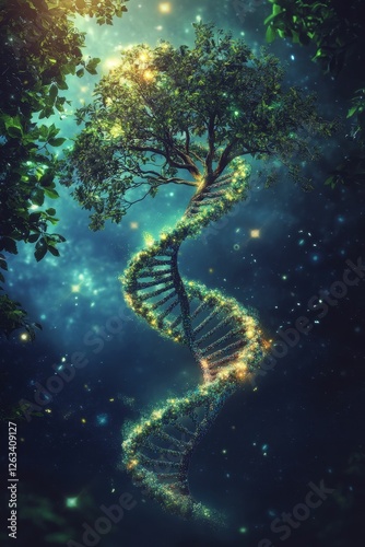 Glowing DNA tree of life mystical scene