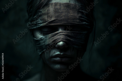 woman with cloth over eyes, close-up , dark background, horror scene, black and white
