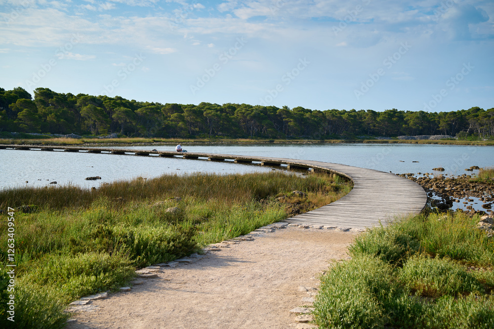A beautiful wooden walkway stretches across the sparkling water, surrounded by lush greenery, inviting visitors to explore nature's tranquility during a sunny day. A beautiful wooden walkway stretches across the sparkling water, surrounded by lush greenery, inviting visitors to explore nature's tranquility during a sunny day.