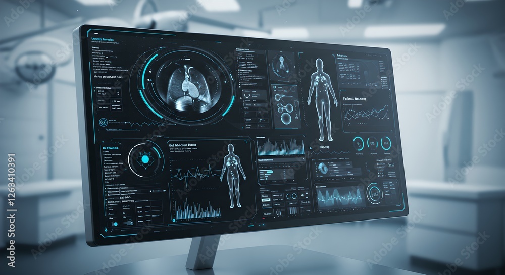 Fototapeta premium Futuristic medical interface displaying human body scan and health data. Advanced diagnostic technology in modern healthcare. Digital health monitoring system.