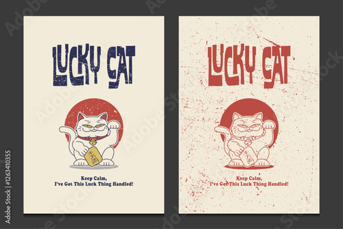 lucky cat cartoon character in retro style, vector illustration