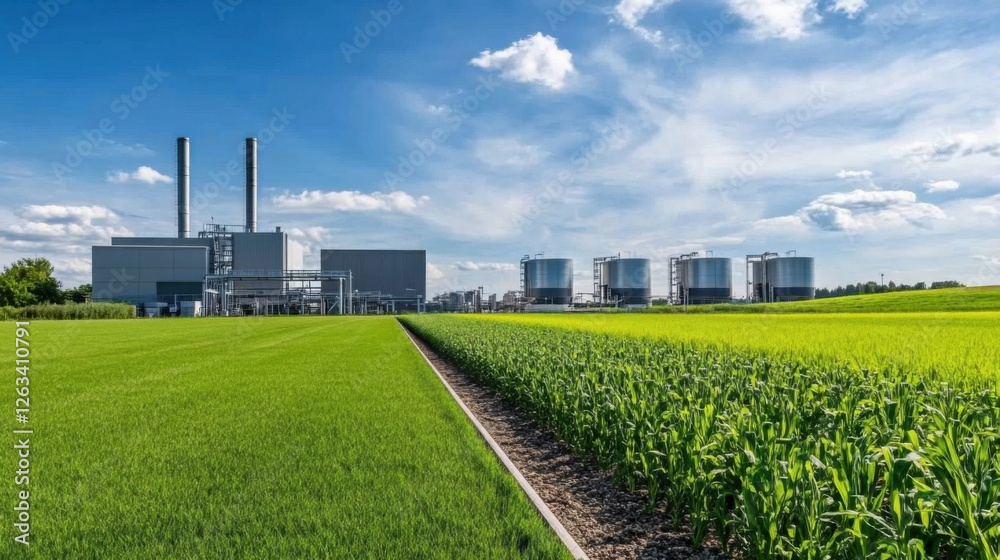 Expansive Green Fields with Industrial Plant and Large Storage Tanks Under a Bright Blue Sky Expansive Green Fields with Industrial Plant and Large Storage Tanks Under a Bright Blue Sky