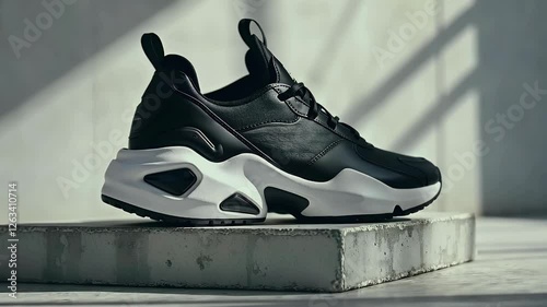 Stylish black sneakers showcased on a minimalist pedestal in bright light