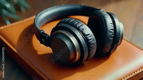 Relaxing moment with stylish headphones on a cozy workspace surface