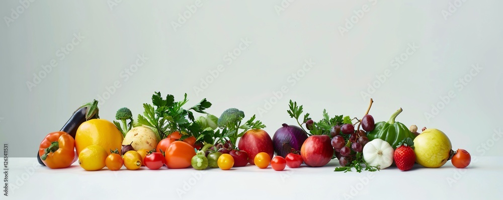 A row of fruits and vegetables including apples, oranges, and tomatoes A row of fruits and vegetables including apples, oranges, and tomatoes