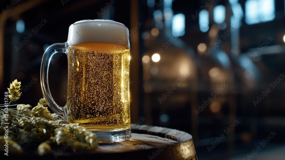 A frosty mug filled with golden craft beer sits atop a wooden barrel. Hops are placed nearby, and a brewery ambiance surrounds the scene during golden hour A frosty mug filled with golden craft beer sits atop a wooden barrel. Hops are placed nearby, and a brewery ambiance surrounds the scene during golden hour