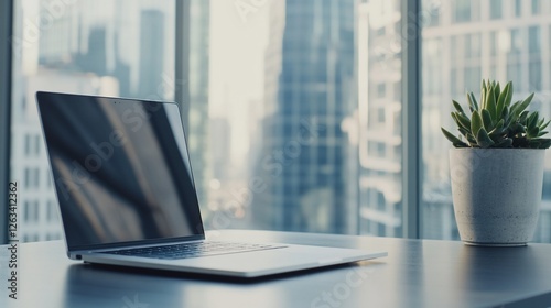 Laptop on desk, city view, plant. Modern office workspace