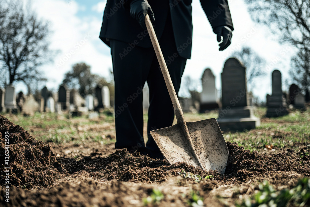 Man in black suit performing cemetery maintenance with a shovel Man in black suit performing cemetery maintenance with a shovel