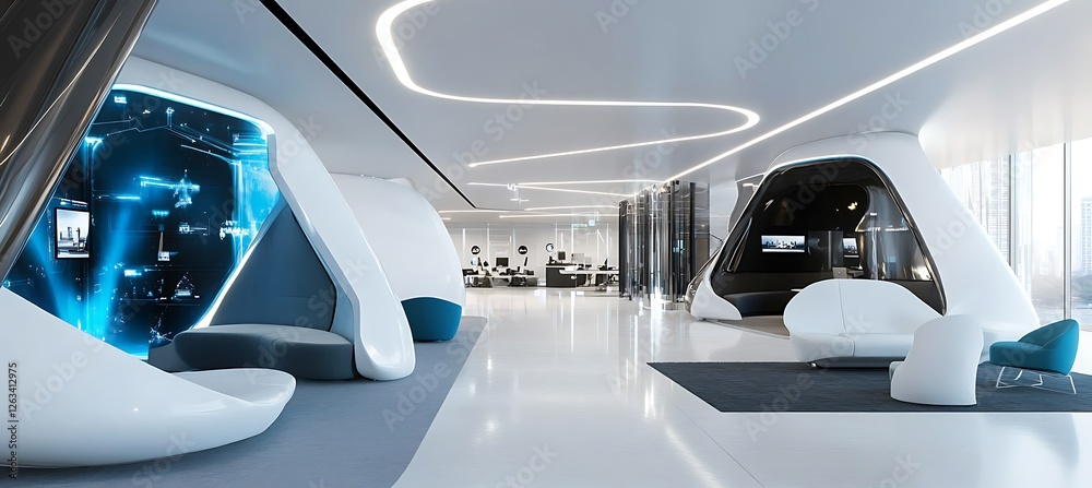 A futuristic office lobby with sleek design, modern furnishings, and high-tech features A futuristic office lobby with sleek design, modern furnishings, and high-tech features
