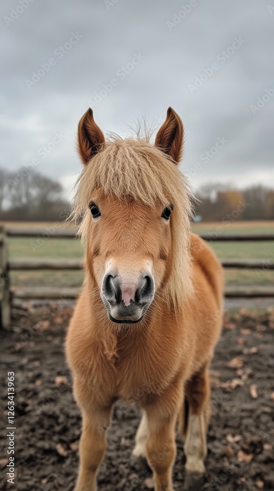 Fototapeta premium Close-up portrait of a brown miniature horse standing in a rural paddock with a wooden fence in the background on a cloudy day
