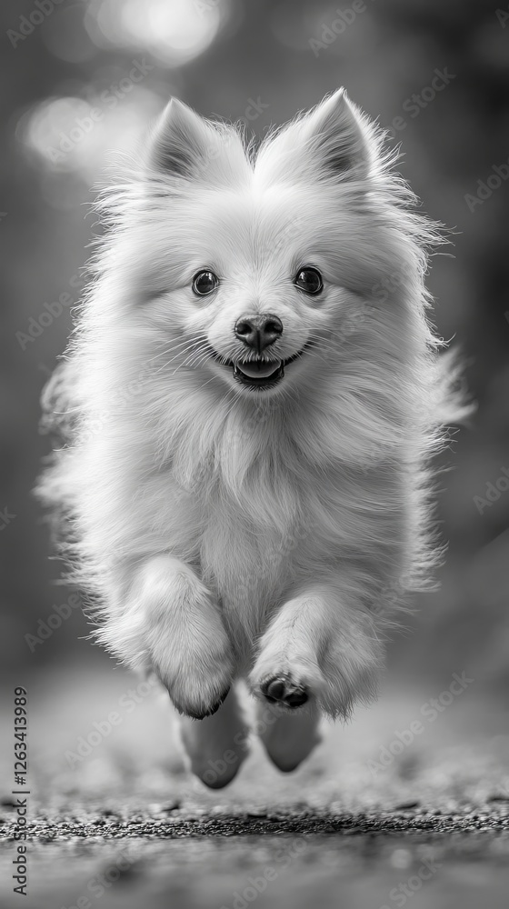 Black and white photograph of a fluffy Pomeranian dog joyfully running towards the camera with a happy expression Black and white photograph of a fluffy Pomeranian dog joyfully running towards the camera with a happy expression