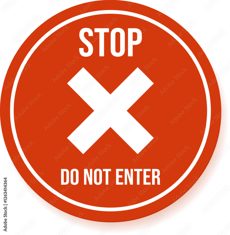 Obraz premium Round red stop sign with white cross and do not enter writing, communicating prohibition, warning, and driving directions for safety and traffic regulation