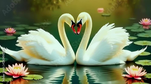 Swans gracefully unite in a serene lake surrounded by blooming flowers