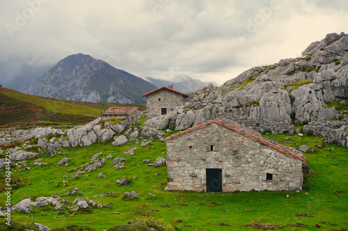 Sotres. Asturias. Spain. Shepherd's houses in the mountains of the Picos de Europa photo