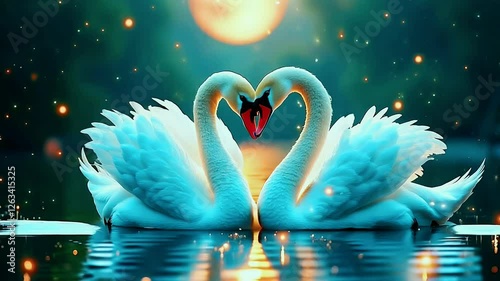 Swans create a heart shape at twilight by the serene lake