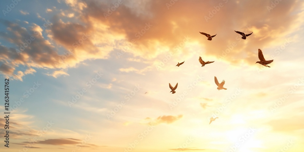 Fototapeta premium Birds fly sunset sky freedom hope