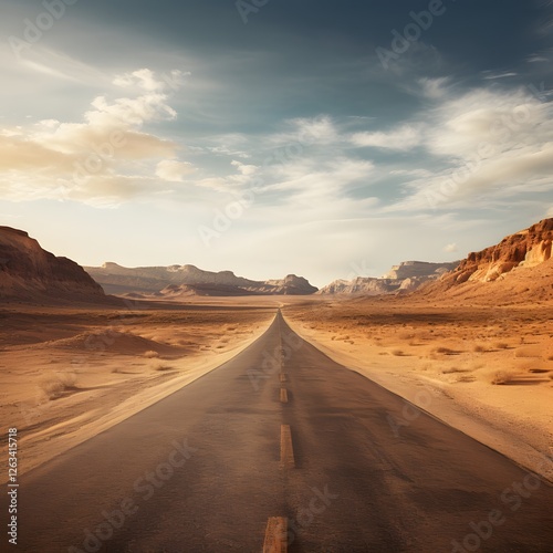 A long road in the desert with a few clouds in the sky