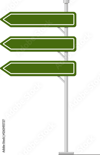 Green directional signpost featuring three blank arrow signs, ideal for navigation and location guidance concepts. The signpost stands on a simple base, ready for customization