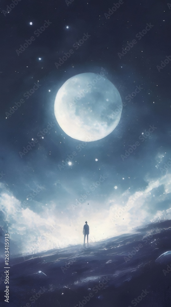 Lone figure silhouetted against a large moon and starry night sky.