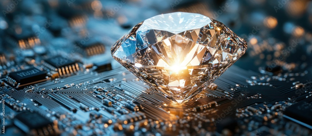 Fototapeta premium Brilliant Diamond on Circuit Board: A Technological Marvel
