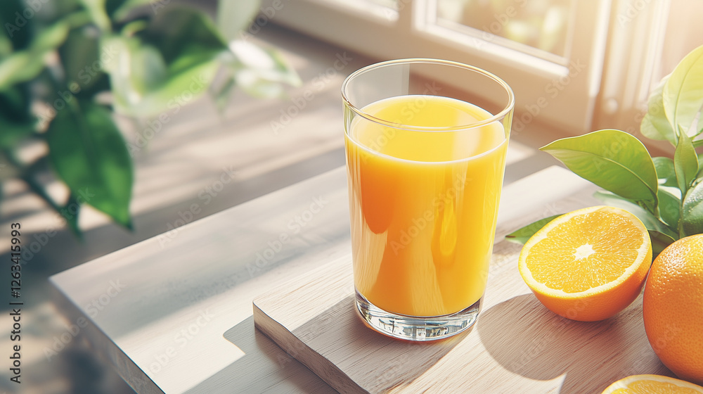 Fresh orange juice with sliced oranges on a sunny kitchen table, seasonal health Fresh orange juice with sliced oranges on a sunny kitchen table, seasonal health