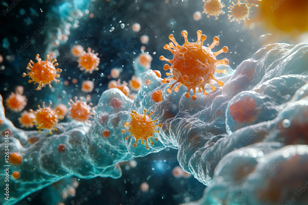 Naklejka premium Generative AI illustration of microscopic bacterial forms showcasing vivid molecular structures and glowing effects