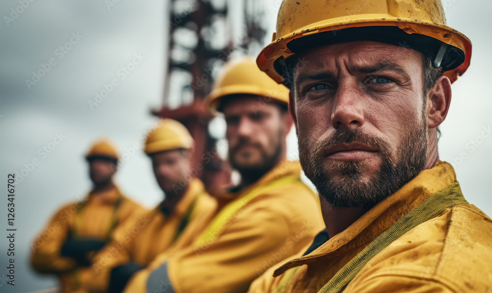 Obraz premium A Group of Committed Construction Workers in Safety Gear Showcasing Teamwork and Strength on the Job Site Amidst Industrial Challenges