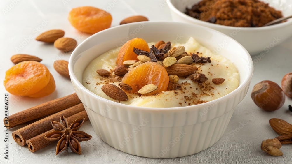 Fototapeta premium Creamy Nut and Apricot Porridge Close-up Bowl Composition, Food Photography, Warm Spices, Autumnal Dessert Autumnal Dessert, Porridge Recipe