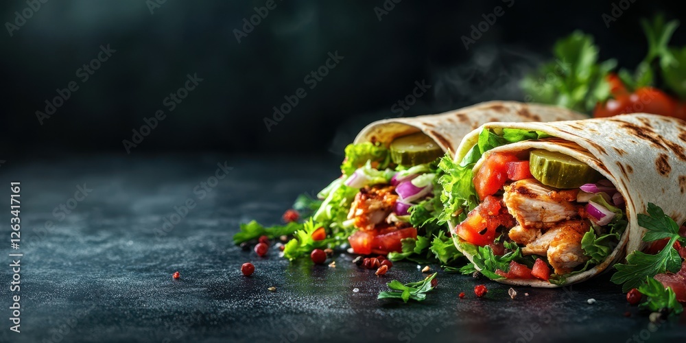 Fototapeta premium Delicious wrap filled with grilled chicken, fresh vegetables, and herbs on a dark background