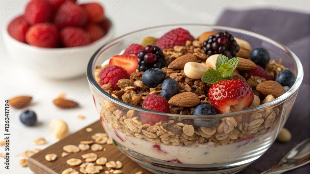 Granola Parfait with Berries and Nuts Glass Bowl Composition, High Angle View, Healthy Breakfast Concept, Yogurt, Almonds, Raspberries, Blueberries Healthy Breakfast Granola Parfait with Berries and Nuts Glass Bowl Composition, High Angle View, Healthy Breakfast Concept, Yogurt, Almonds, Raspberries, Blueberries Healthy Breakfast