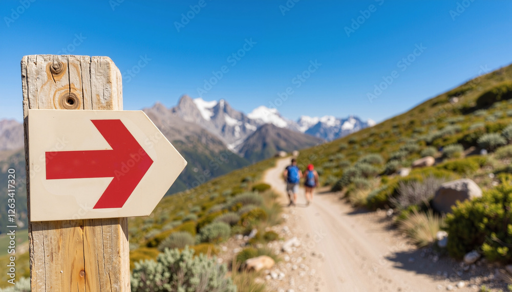Trail marker with red and white arrow on mountain hiking path Trail marker with red and white arrow on mountain hiking path