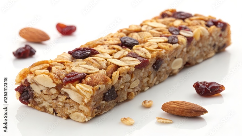 High-Angle Close-up of Granola Bar with Almonds and Cranberries, Healthy Snack, Food Photography, Oatmeal, Nuts, Dried Fruit, Cereal Bar Granola bar High-Angle Close-up of Granola Bar with Almonds and Cranberries, Healthy Snack, Food Photography, Oatmeal, Nuts, Dried Fruit, Cereal Bar Granola bar