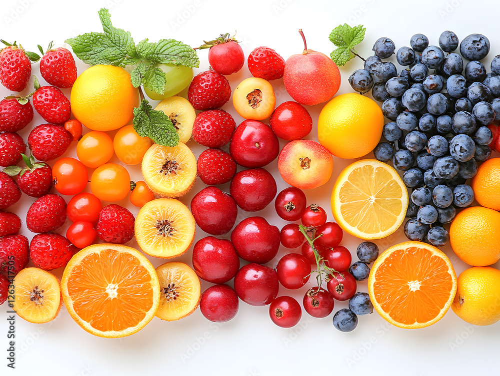 Composition of Assorted Berries and Fruits Arranged Artistically on a White Background Showcasing Vibrant Colors and Textures Composition of Assorted Berries and Fruits Arranged Artistically on a White Background Showcasing Vibrant Colors and Textures