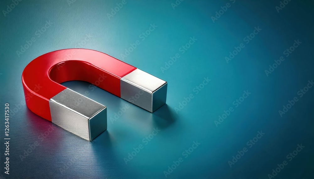 Bright red magnet positioned on a blue surface illustrating the concept of magnetism Bright red magnet positioned on a blue surface illustrating the concept of magnetism