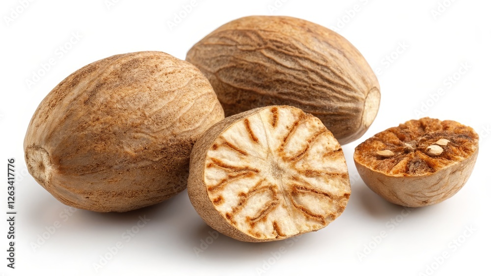 Nutmeg Spice Close-up of Whole and Halved Nutmeg Seeds, Culinary Photography, Aromatic, Ingredient Nutmeg, spice Nutmeg Spice Close-up of Whole and Halved Nutmeg Seeds, Culinary Photography, Aromatic, Ingredient Nutmeg, spice