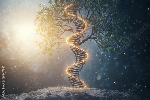 Glowing DNA helix rises from tree mystical scene