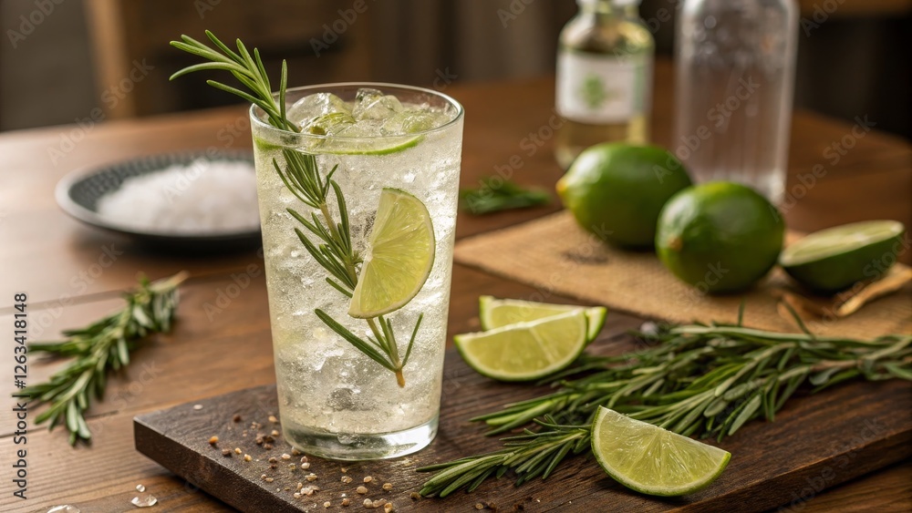 Fototapeta premium Rosemary Lime Fizz Iced Cocktail Photography, Tall Glass Composition, Refreshing Drink Concept, lime, rosemary