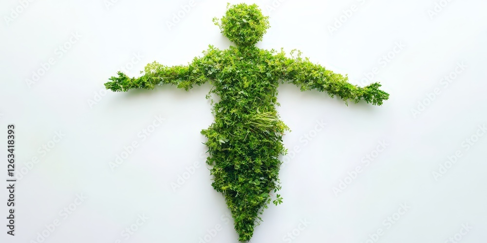 Fototapeta premium A captivating human form intricately crafted from vibrant, emerald leaves, each uniquely shaped and artfully arranged to echo the contours of a person. The organic mosaic shimmers with life