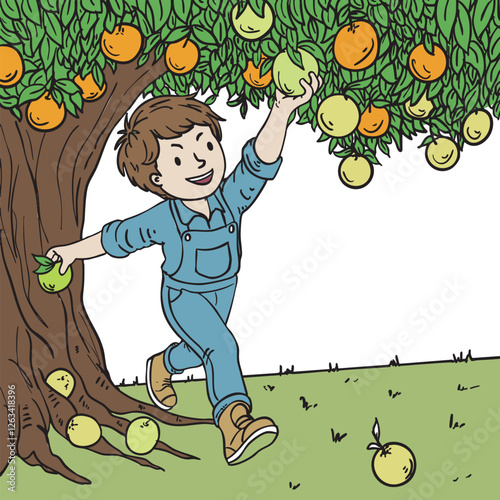 Vector Illustration of a Child Picking Unripe Fruits - Isolated Environmental Awareness and Bad Behavior Concept