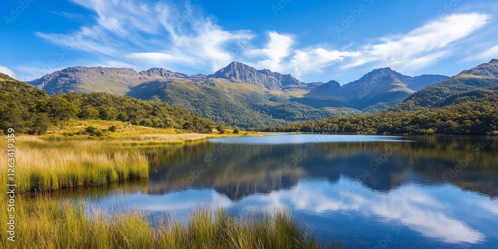 Calm lake reflecting mountains, sunny sky. Travel poster Calm lake reflecting mountains, sunny sky. Travel poster