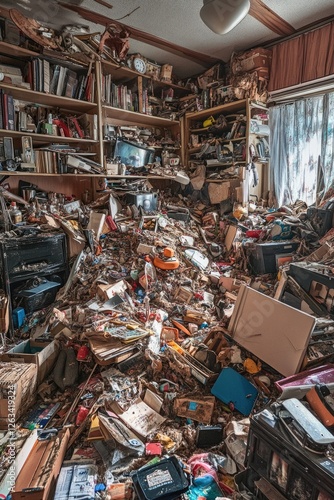 A room filled with lots of clutter and junk, perfect for illustrating themes of disorganization or chaos