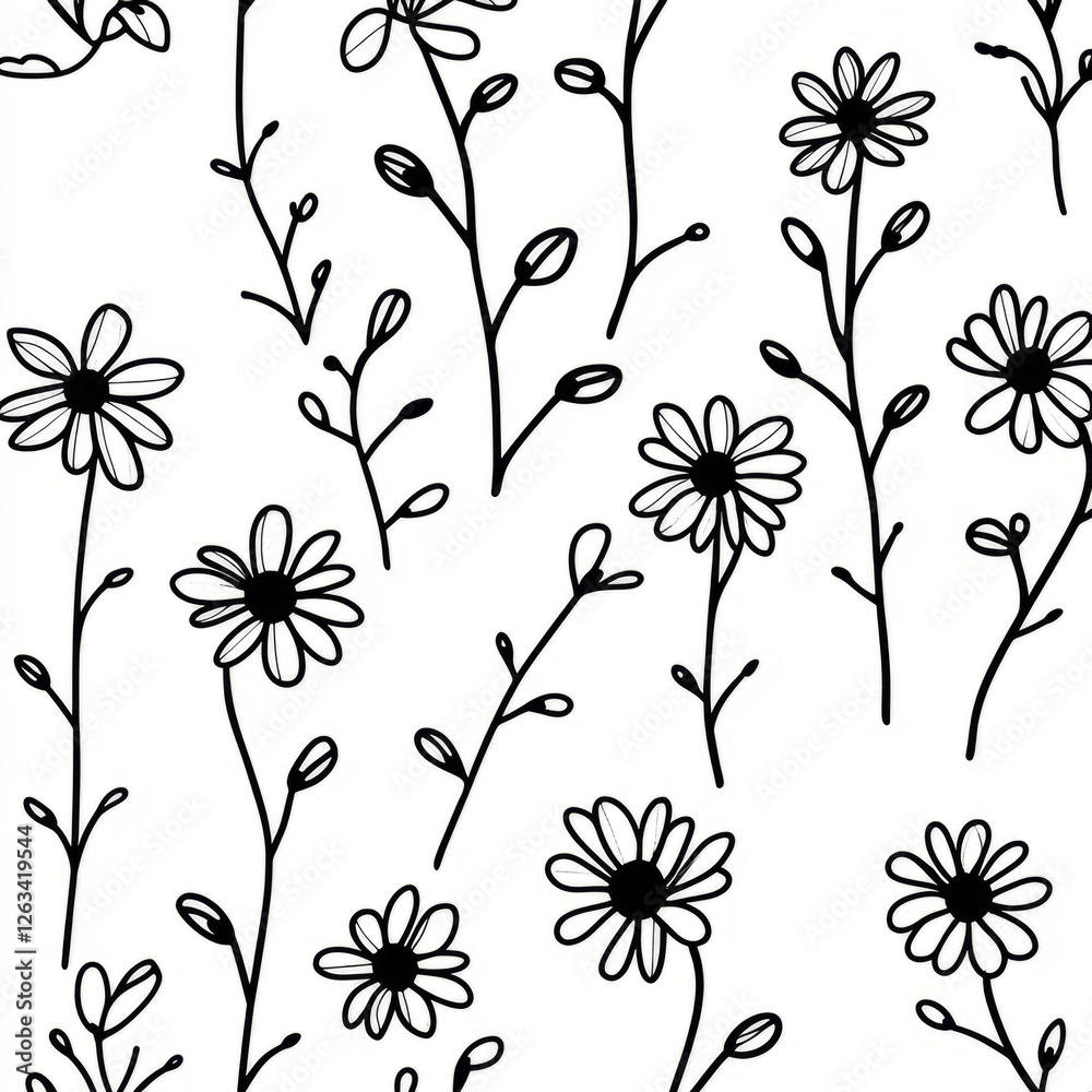 A minimalist floral illustration with bold, graphic outlines of flowers like daisies and roses in black on a white background. The simple, monochrome design creates a clean, modern aesthetic.
