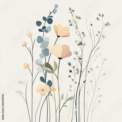 A minimalistic floral illustration with small, dainty flowers like forget-me-nots and wildflowers. The soft pastel palette and simple composition create a calm, understated design.