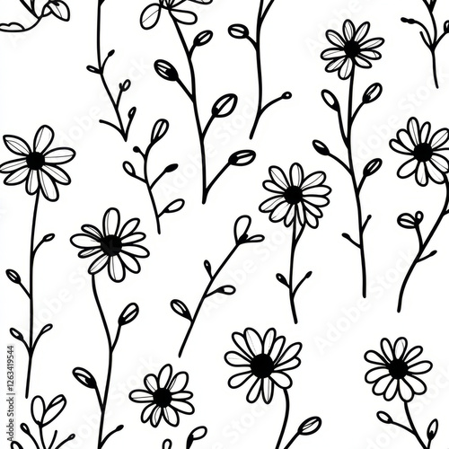 Obraz na płótnie A minimalist floral illustration with bold, graphic outlines of flowers like daisies and roses in black on a white background. The simple, monochrome design creates a clean, modern aesthetic. w salonie