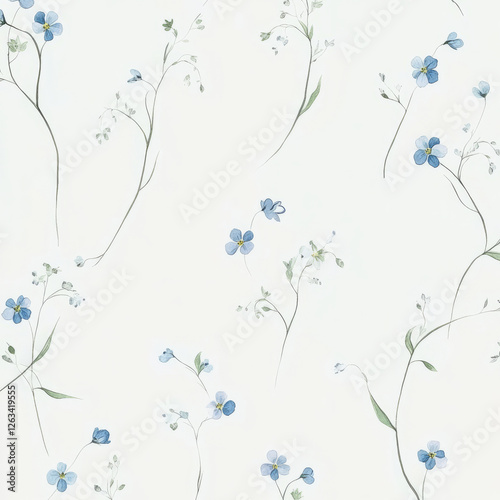 A minimalistic floral illustration with small, dainty flowers like forget-me-nots and wildflowers. The soft pastel palette and simple composition create a calm, understated design.
