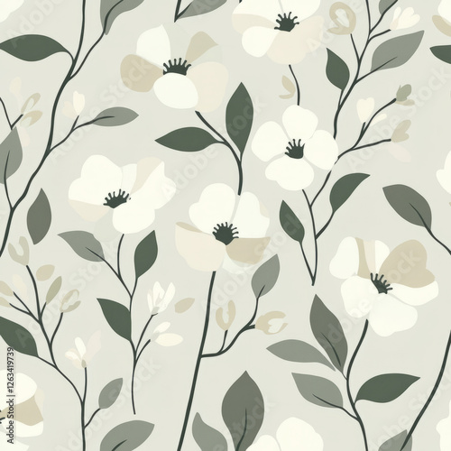 A minimalist floral illustration with simple, stylized flowers and leaves in soft shades of gray, cream, and pastel green. The clean, modern lines create a serene, calming design.