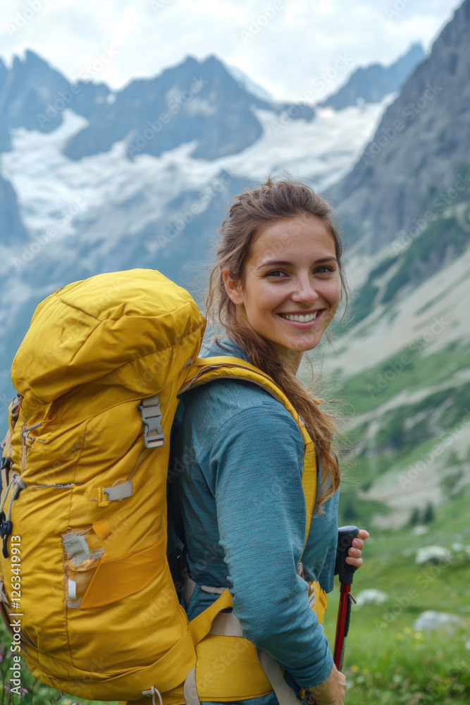 Naklejka premium A smiling female traveler with a yellow hiking backpack enjoys the beautiful scenery of the majestic mountains. Travel, adventure. Concept of an active lifestyle 