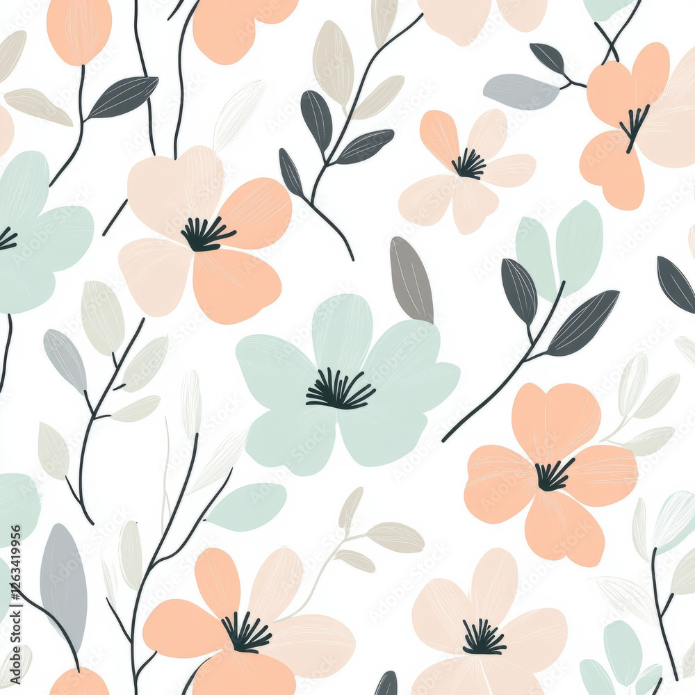 A clean, modern floral illustration featuring abstract, minimalist blooms in pastel colors like mint, peach, and light gray. The simple design offers a chic, contemporary feel with a calming vibe.
