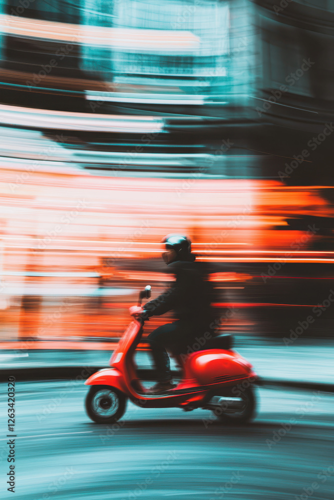 Fototapeta premium Dynamic Urban Scene: A Rider on a Vibrant Red Scooter Navigating Through a Colorful City at Night