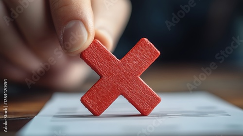 Close-up of a hand placing a red wooden X on a document, signifying rejection or cancellation.